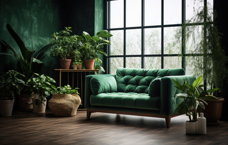 green sofa, chair and plants in a room with an open window.の素材