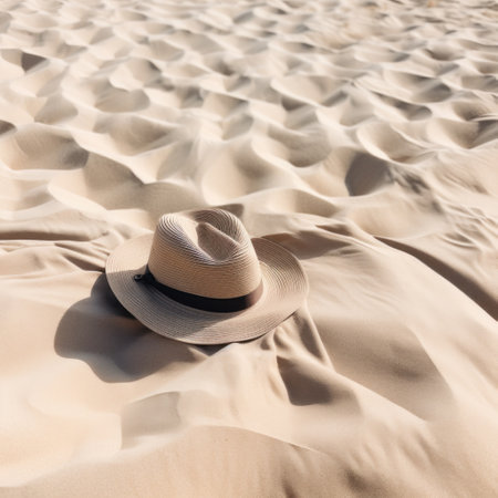 hat and sunglasses laid out on bedの素材