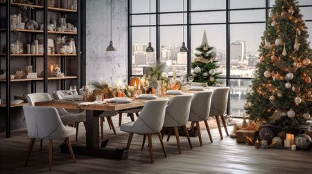interior of modern dining room with a Christmas tree and a wreath, use of fabric, rustic textures.の素材