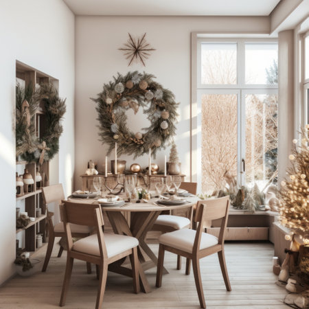 interior of modern dining room with a Christmas tree and a wreath, use of fabric, rustic textures.の素材