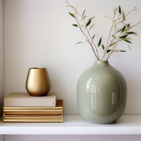 green ceramic vase with green leaves in front of bookshelfの素材