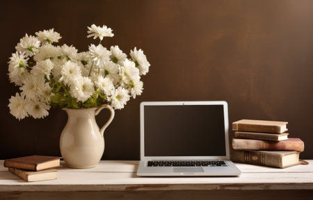 laptop with a vase of flowers on a table,の素材