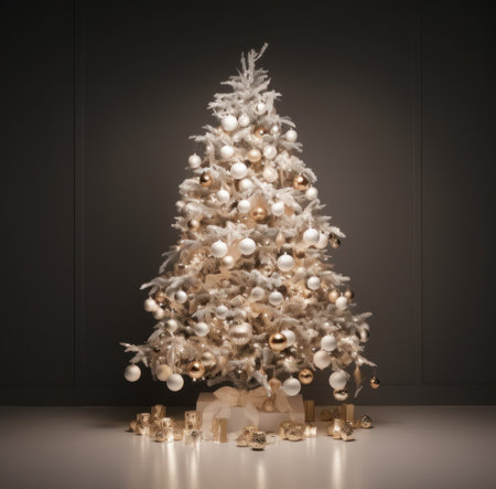 many ornaments adorn a large christmas treeの素材