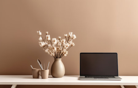 laptop with a vase of flowers on a table,の素材