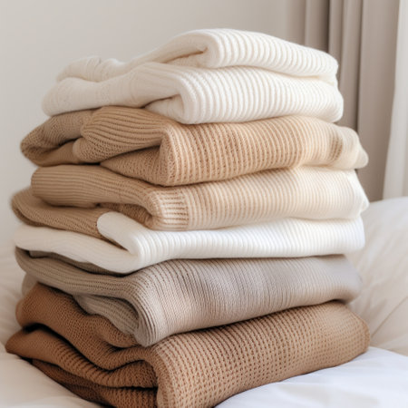 multiple colors of beige and white knitted sweaters.の素材