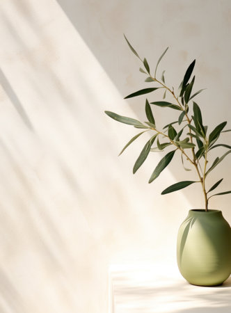 olive green plant in front of white wallの素材