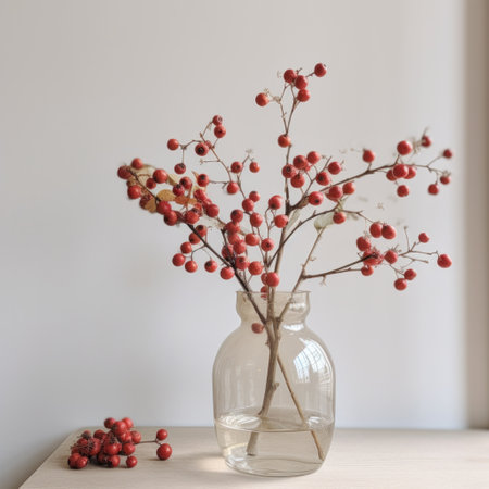 red berries placed in a glass vase.の素材