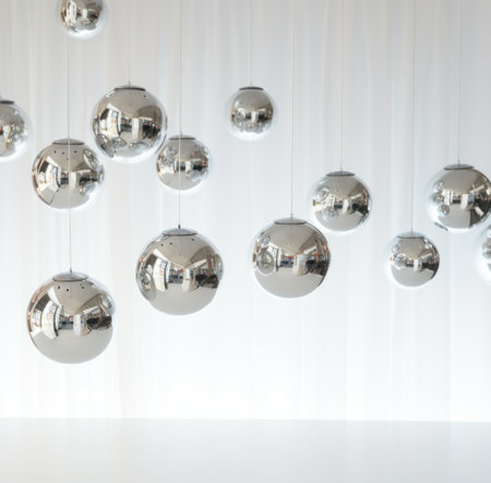 shiny disco balls and shadows on white surface.の素材