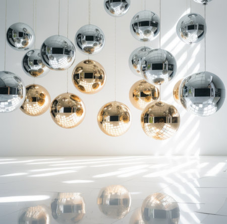 shiny disco balls and shadows on white surface.の素材