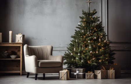 the christmas decor of a room with green christmas tree and wooden furniture,.の素材