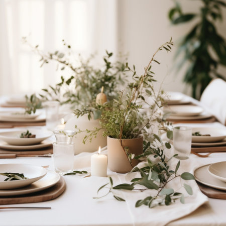 table setting that includes a white tray with greeneryの素材