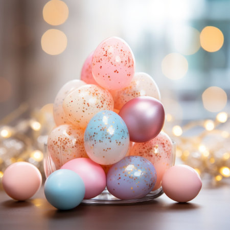 Soft pastel colors in blurred Easter eggs.の素材