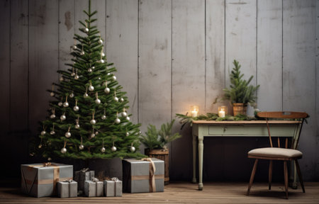 the christmas decor of a room with green christmas tree and wooden furniture,.の素材