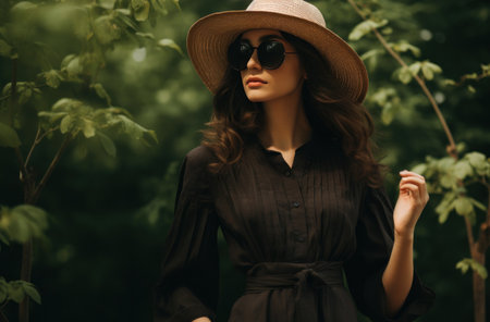 the woman is wearing a straw hat, a dress and sunglassesの素材