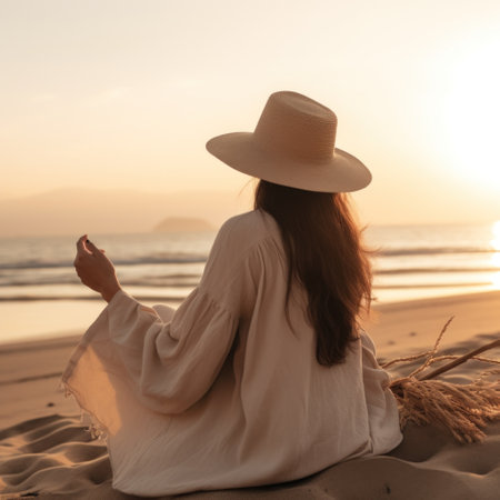 the woman is holding a hat and is sitting at the beachの素材
