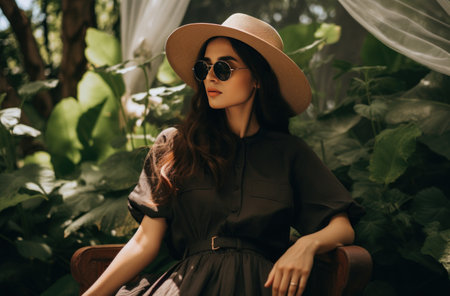 the woman is wearing a straw hat, a dress and sunglassesの素材