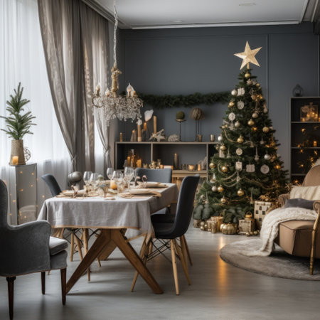 interior of modern dining room with a Christmas tree and a wreath, use of fabric, rustic textures.の素材