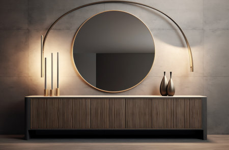 the sideboard features a metal wall hanging and some lamps on itの素材