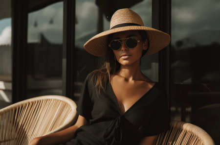 the woman is wearing a straw hat, a dress and sunglassesの素材