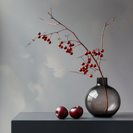 two red berries sitting on a table with a vaseの素材