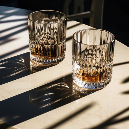 two glass tumblers on a table with shadows and shadowsの素材