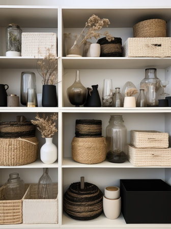 white shelves contain several containers or storage boxes in different shades.の素材