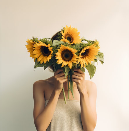 woman holding sunflowers against a white background.の素材