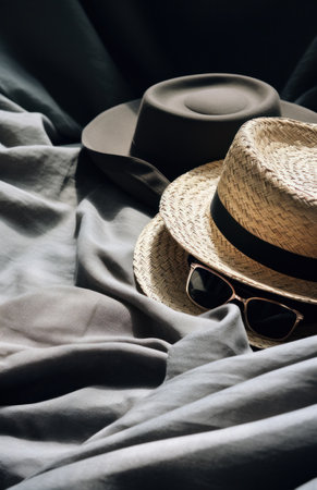 two straw hats and sunglasses on a white clothの素材