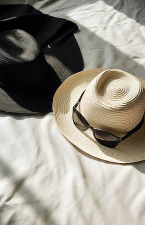 two straw hats and sunglasses on a white clothの素材