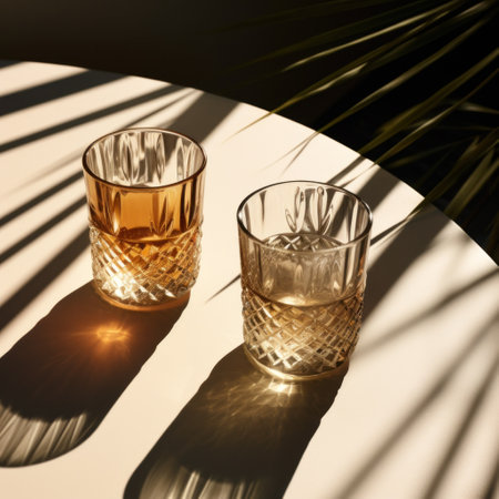 two glass tumblers on a table with shadows and shadowsの素材