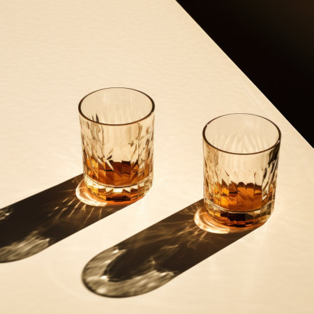 two glass tumblers on a table with shadows and shadowsの素材