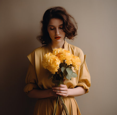 woman in dress holding bouquet of flowersの素材