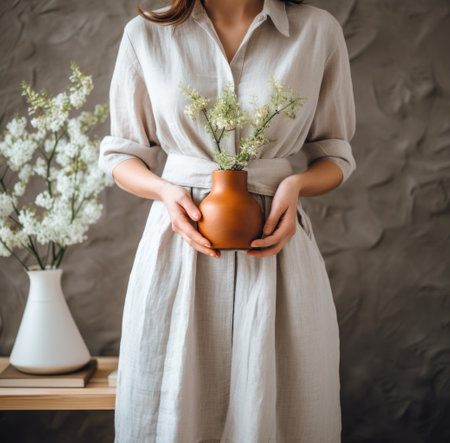 wearing cream linen dress with brown belt, with white shirt, and vaseの素材