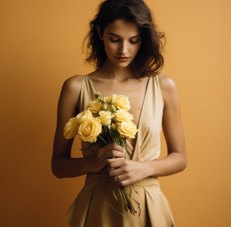 woman in dress holding bouquet of flowersの素材
