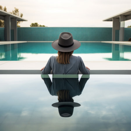 woman in hat sat on the ledge of the swimming poolの素材