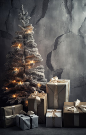 wrapping gifts around a christmas tree.の素材