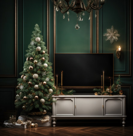 white christmas tree with small decorations on the floor and tv set.の素材