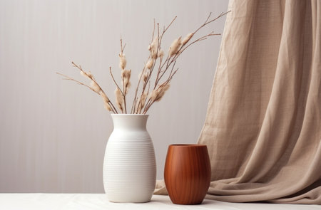 white vase with a brown vase with long twigs in it.の素材