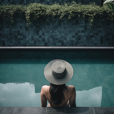 woman enjoying the pool with the back of her head.の素材