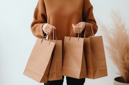 women are holding several brown paper shopping bags in their armsの素材