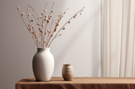 white vase with a brown vase with long twigs in it.の素材