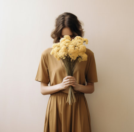 woman holding bouquet of flowers in brown dress.の素材