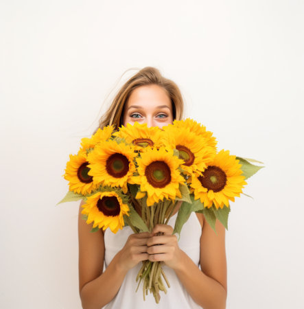 woman with yellow bouquet of sunflowers in front of whiteの素材