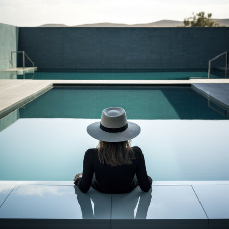 woman in hat sat on the ledge of the swimming poolの素材