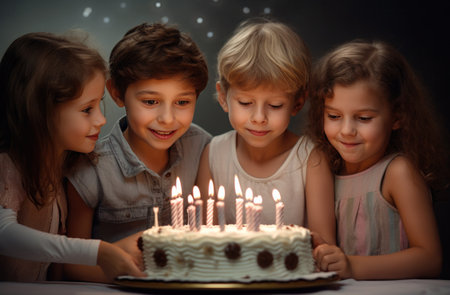 group of kids putting candles on a cake.の素材