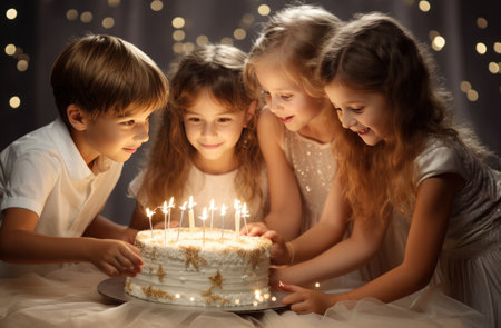 group of kids putting candles on a cake.の素材