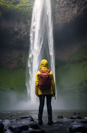 a woman walks past a large waterfall.の素材