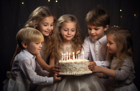 group of kids putting candles on a cake.の素材