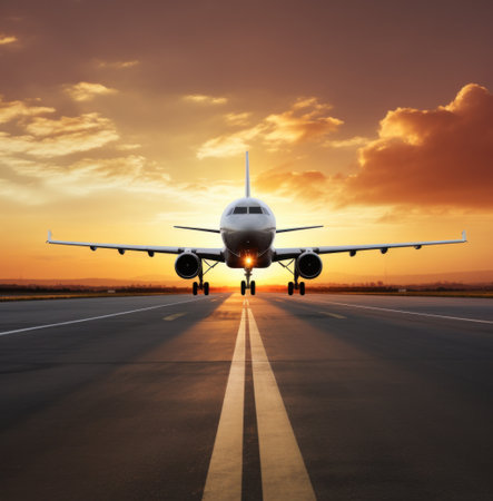 a jet airplane landing on a runway at sunsetの素材