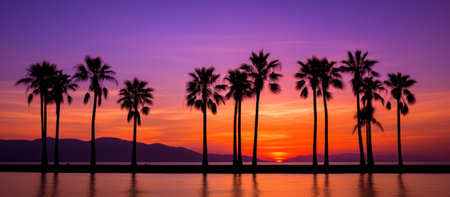 a group of palm trees in silhouette with ocean along the lake.の素材